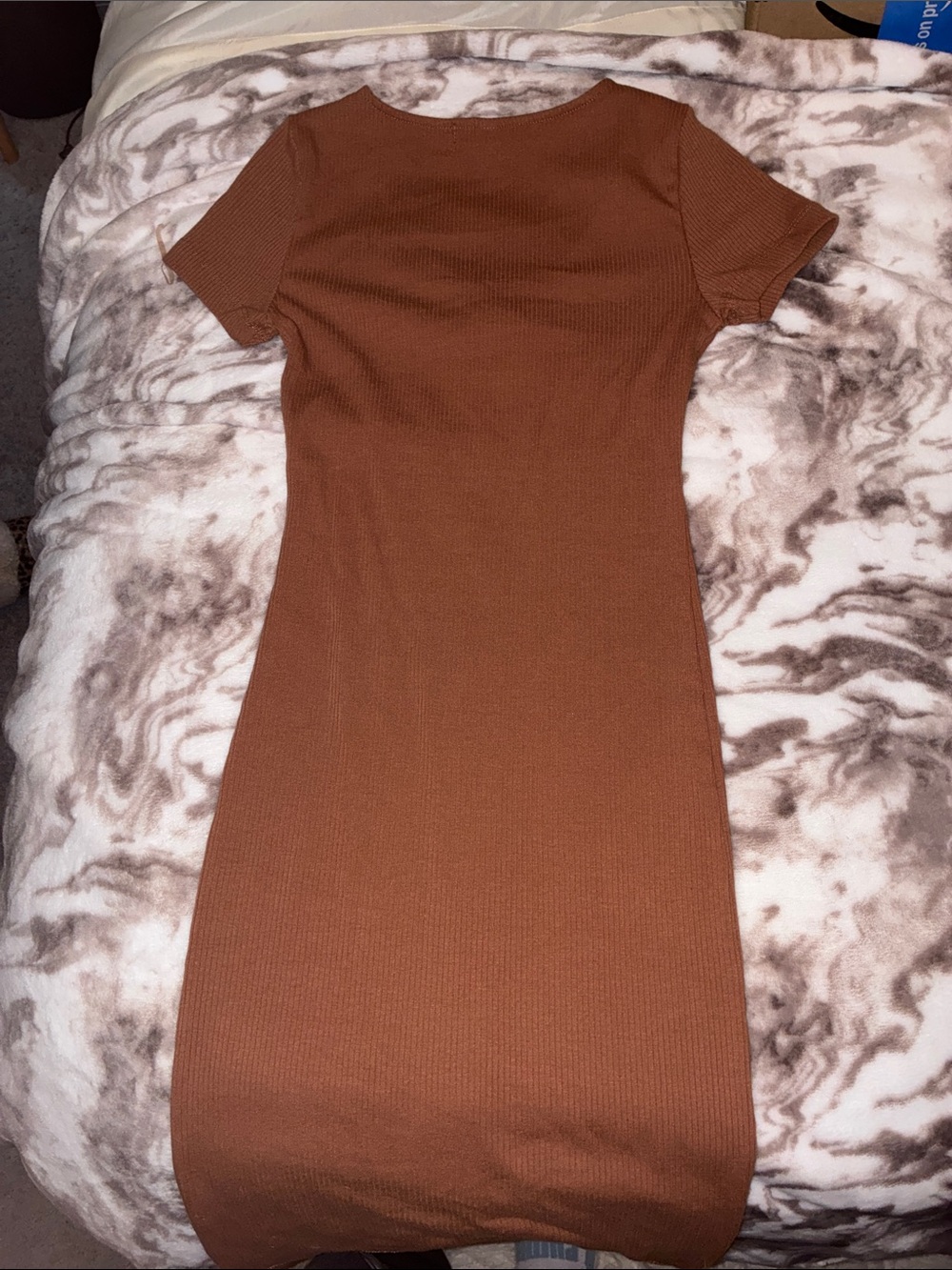 Rust Brown Ribbed Button-Front Mini Dress - Picture 4 of 5
